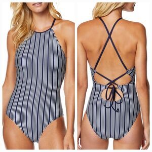 Nautica women's navy white Dock Lines High Neck One Piece Swimsuit size medium
